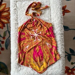 INC International Concepts Women's Pink and Yellow Tie-Neck Halter Top Sz Medium
